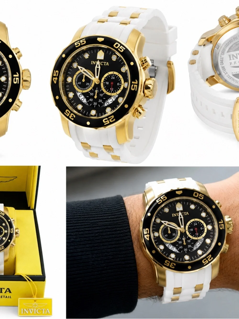 Invicta Men's Gold-Tone Black Dial Chronograph Watch with White Strap